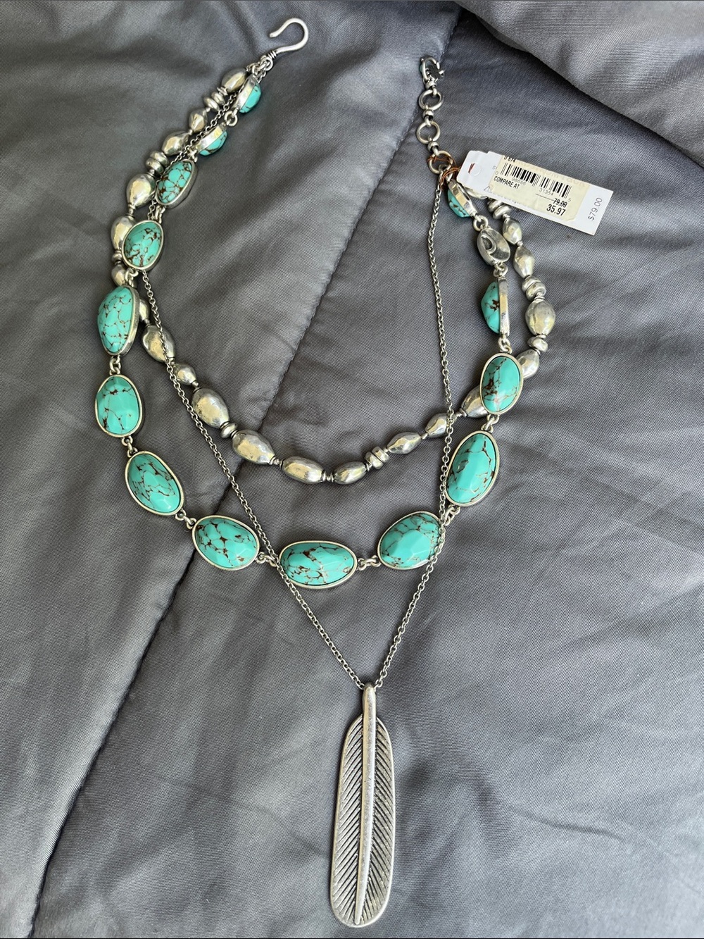 Lucky Brand Turquoise Stone Multi-Strand Feather Pendant Necklace